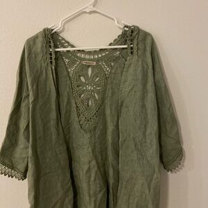 Olive Boho Linen lace Accent Women's Short sleeve Cardigan